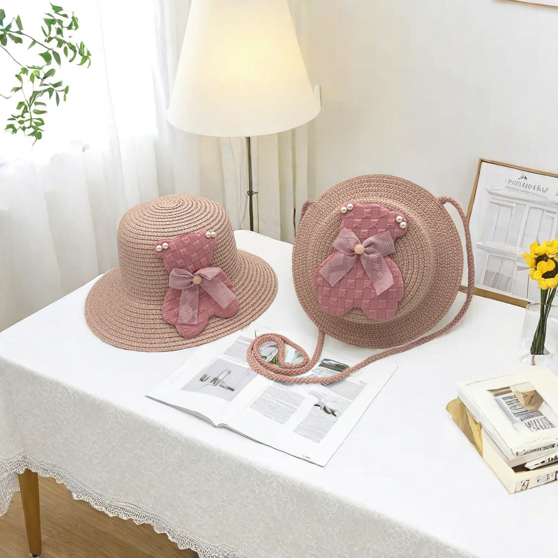Children's Pink Bear Fisherman Hat + Adhesive Crossbody Bag Set Handmade Knitted Goods Fashion Matching Goods For Baby