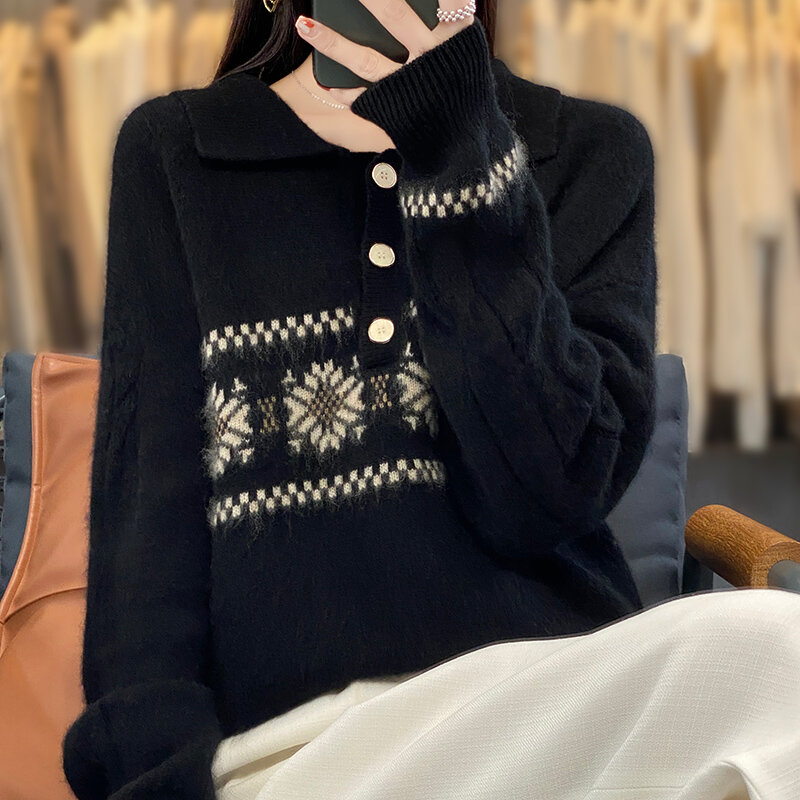 Осенне-зимняя трикотажная рубашка из 100% шерсти, Женский пуловер с воротником-поло, Женский просторный кашемировый пуловер роскошного усовершенствованного дизайна