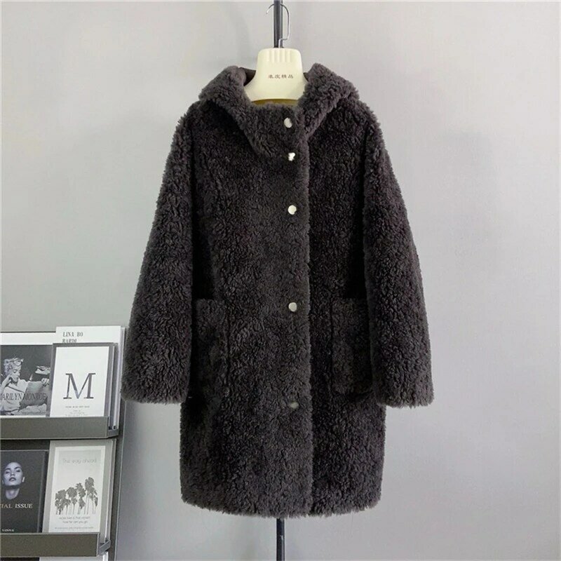 PT427 jaket hangat bertudung untuk wanita, jaket hangat tebal longgar berkancing penutup musim gugur dan musim dingin untuk wanita