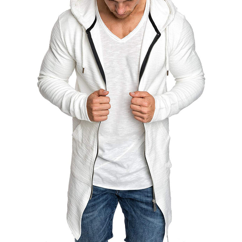 Long cardigan à capuche avec fermeture éclair pour homme, veste, sweat-shirt, coupe-vent, doux