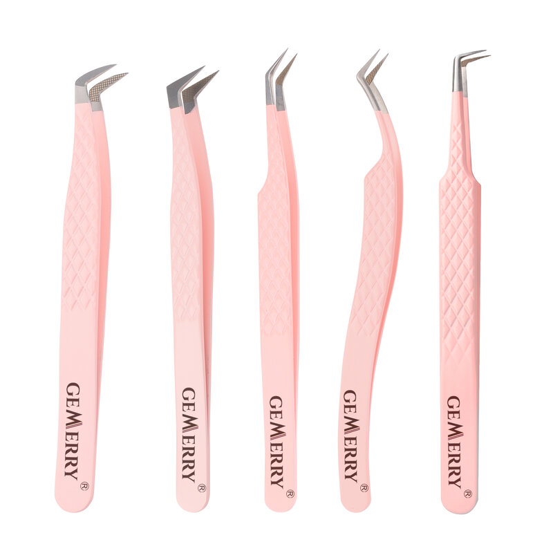 Gemerry 1 pçs rosa pinças de aço inoxidável extensões de cílios alta precisão anti-estática pinças com dicas de fibra ferramentas de maquiagem