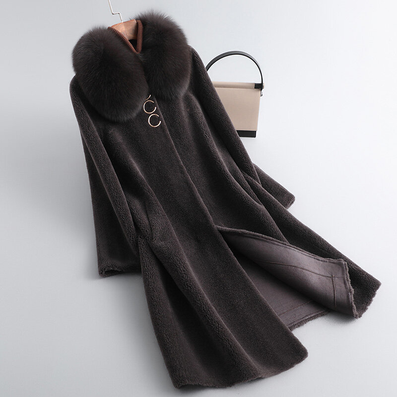 女性用の中型シープフリースコート,毛皮に統合されたコート,ヘアカラー,ウール,2023
