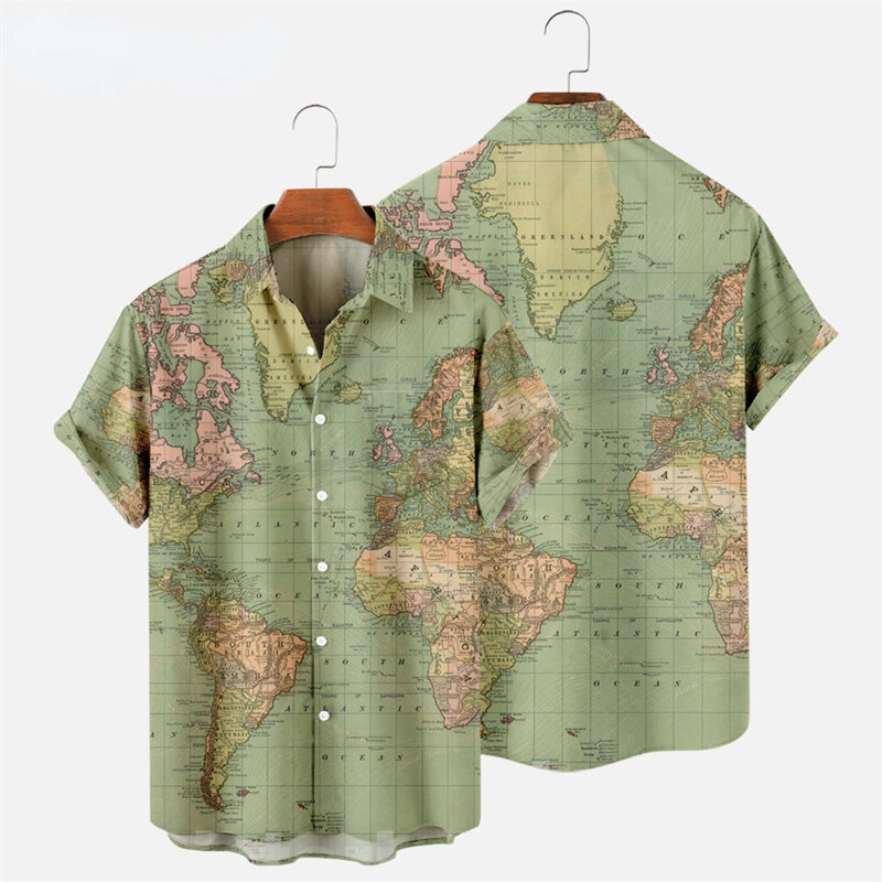 Camisa con estampado 3d de mapa para hombre y mujer, blusa Hawaiana de manga corta con botonadura única, ropa de moda, novedad de verano
