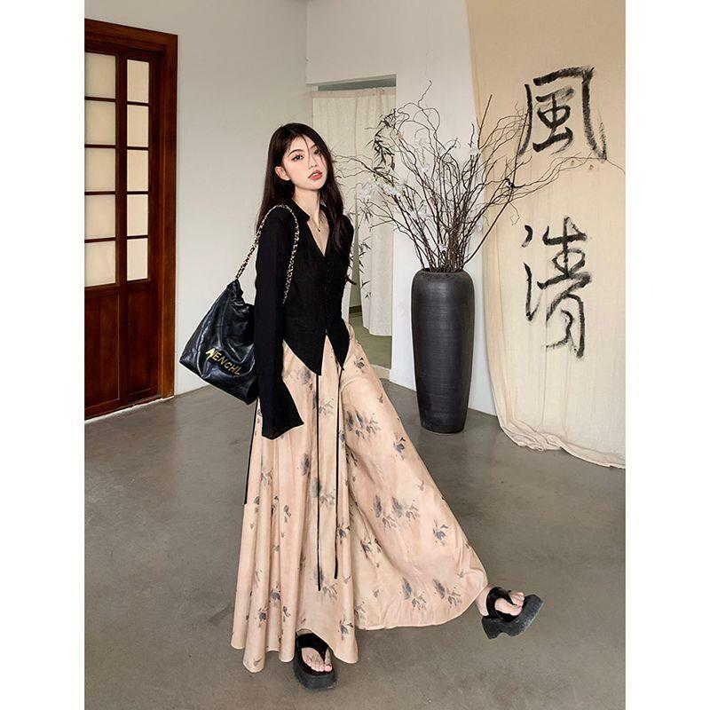 Musim panas musim gugur baru gaya Cina pita atas tinta cuci gaya pinggang tinggi celana panjang rok untuk wanita anggun harian Hanfu Gaun Set