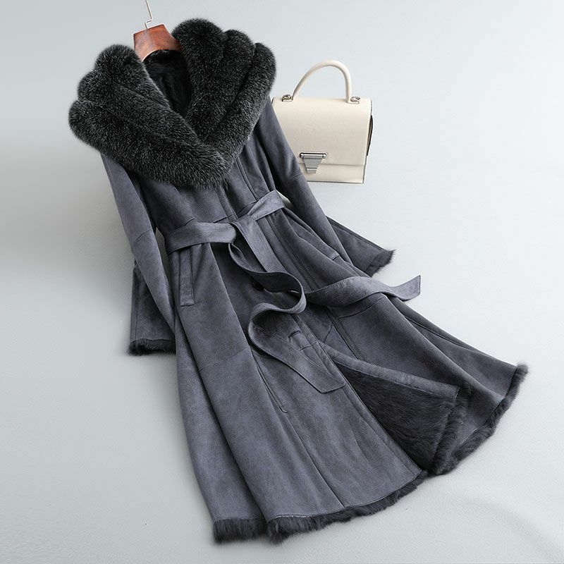 2023 New Genuine Leather Rabbit Fur Integrated Women's Long Over Knee Big Fox Fur Collar Slim Fit Fur Coat