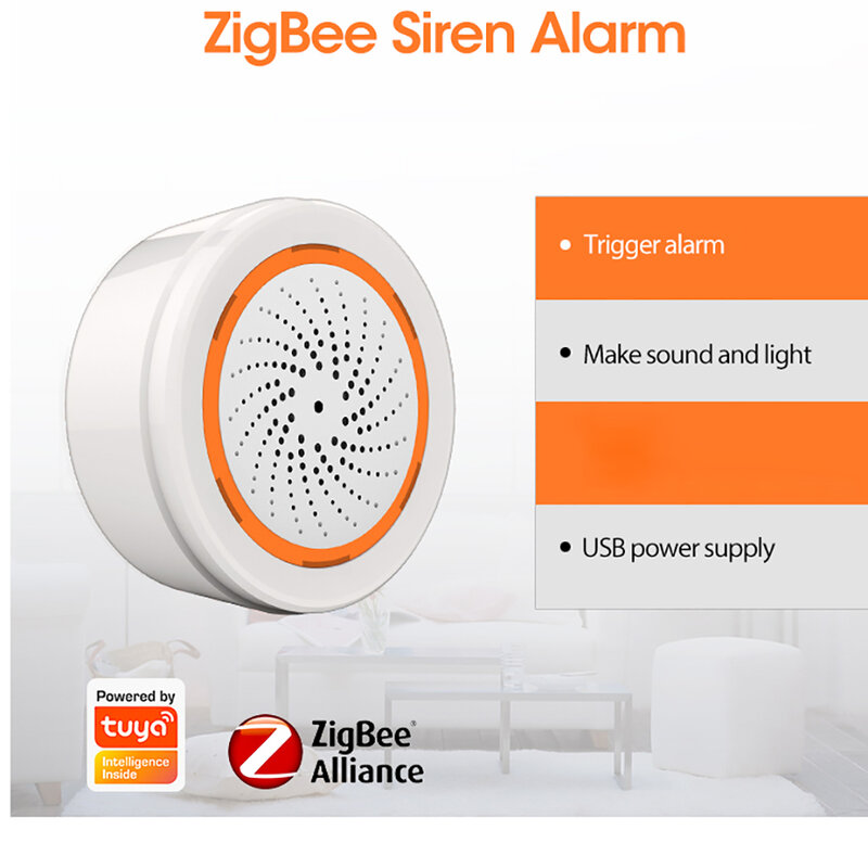 Coolcam-Tuya Zigbee Alarme Sirene Inteligente, Segurança Em Casa com Alertas Estroboscópicos, Suporte a Cabo USB, Power Up, Funciona com TUYA Smart Hub