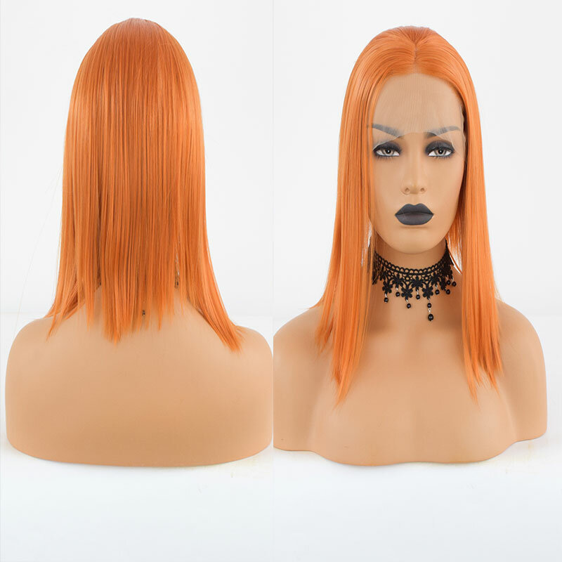 Imbirowe pomarańczowe krótkie proste włosy syntetyczne koronkowe peruki z przodu 13x4 bezklejowe włókno termoodporne włosy dla białych kobiet Cosplay peruki