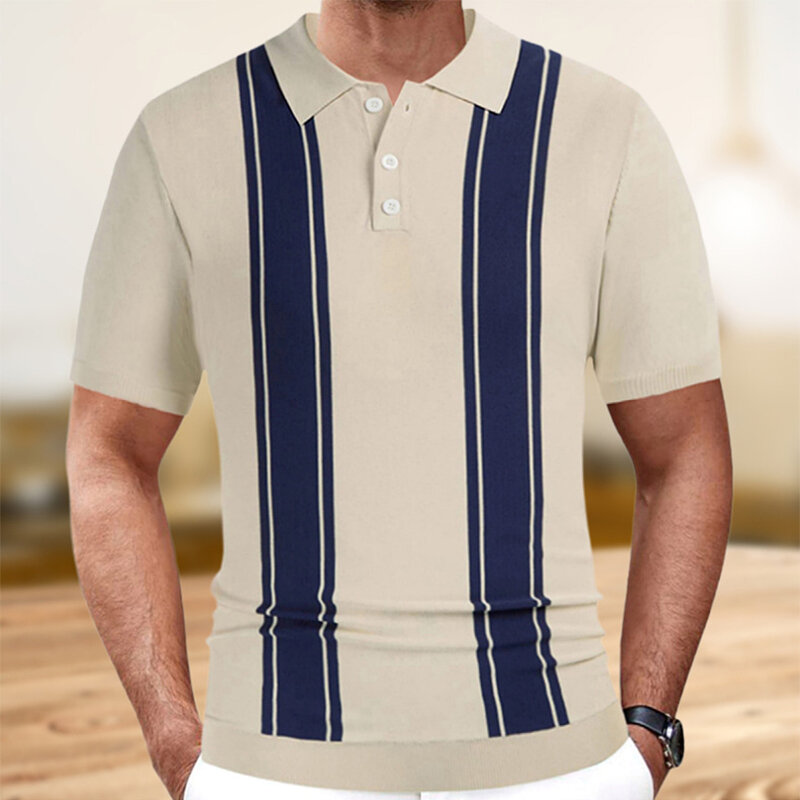 Streetwear Polo a righe lavorata a maglia Vintage da uomo moda Slim Polo manica corta estate maglieria da uomo Casual Polo di seta ghiaccio top