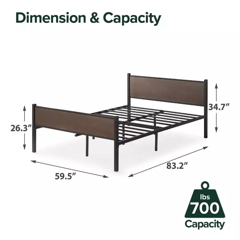 Rama łóżka, Tucker 35-calowa rama łóżka z bambusa i metalu na platformie, solidna, bardzo wytrzymała metalowa rama łóżka