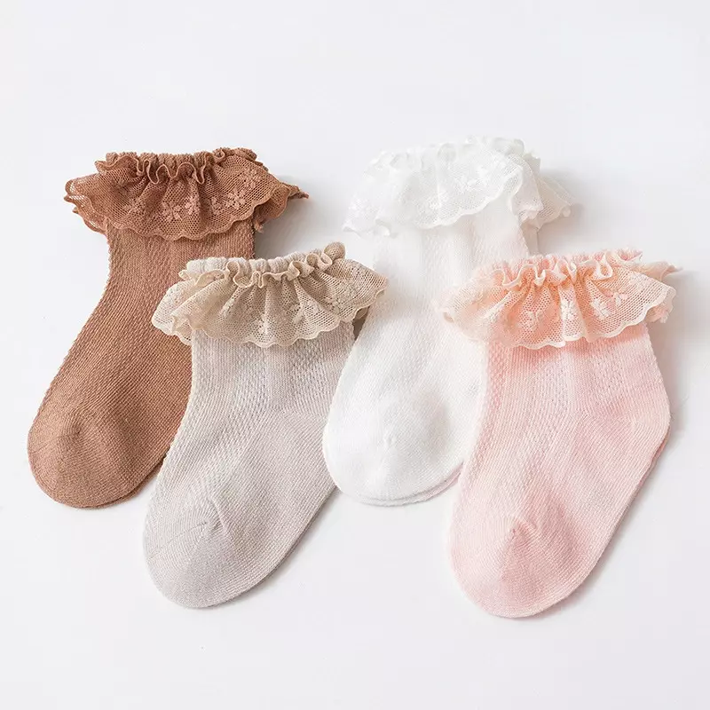 Однотонные хлопковые дышащие сетчатые носки с оборками в Корейском стиле для новорожденных девочек 0-8 лет