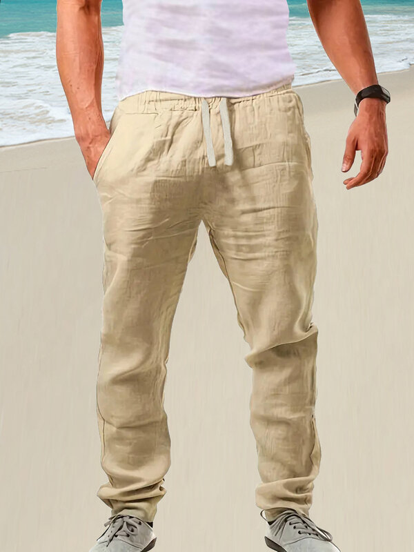 Męskie wygodne bawełniane lniane spodnie Letnie luźne spodnie ze sznurkiem Codzienne codzienne spodnie na zewnątrz Wszechstronne spodnie w jednolitym kolorze
