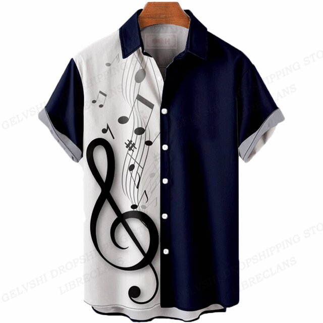 남녀공용 음악 노트 3D 프린트 셔츠, 싱글 브레스티드 오버사이즈 블라우스, 옷깃 셔츠, 해변, 쿠바