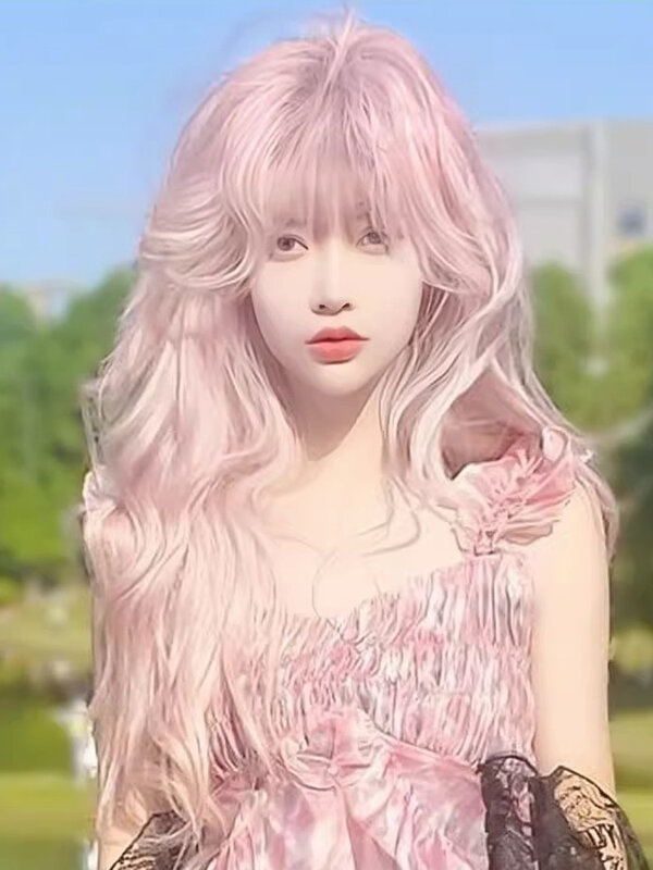 Parrucca a testa piena Lolita Jk con capelli lunghi ricci rosa Big Wave Cos Universal Light Girl