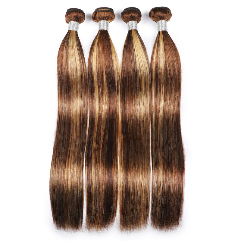 Extensiones de cabello humano brasileño Remy, mechones precoloreados, marrón oscuro con rubio miel, 1 unidad/2 piezas/3 piezas, P4/27