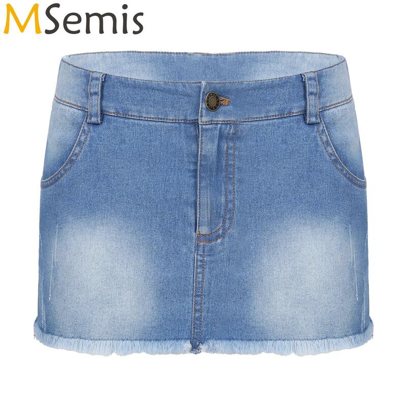 Womens Casual Zipper Fly Pockets Slim Fit Miniskirt Ladies Fashion Frayed Hem Denim Mini Skirt Clubwear