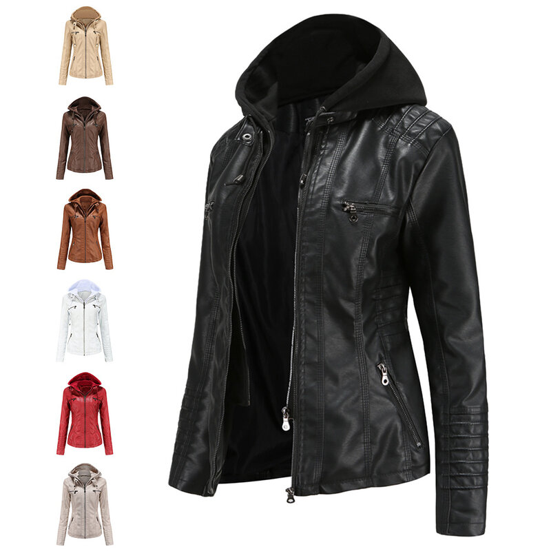 2024 Hooded leather jacket two-piece detachable large size leather coat women's spring and autumn coat women's PU washed leather