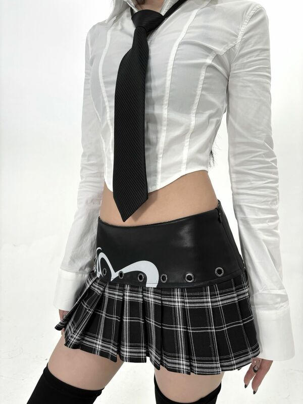 Летняя кожаная Лоскутная ультра короткая юбка y2k, винтажные защитные брюки, клетчатая плиссированная юбка для женщин, корейская модная одежда
