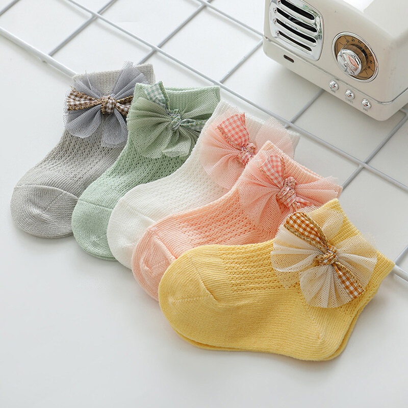 Tregren Newborn Girls letnie bawełniane skarpety cienka siatka oddychające skarpetki z kokardą na akcesoria dla niemowląt