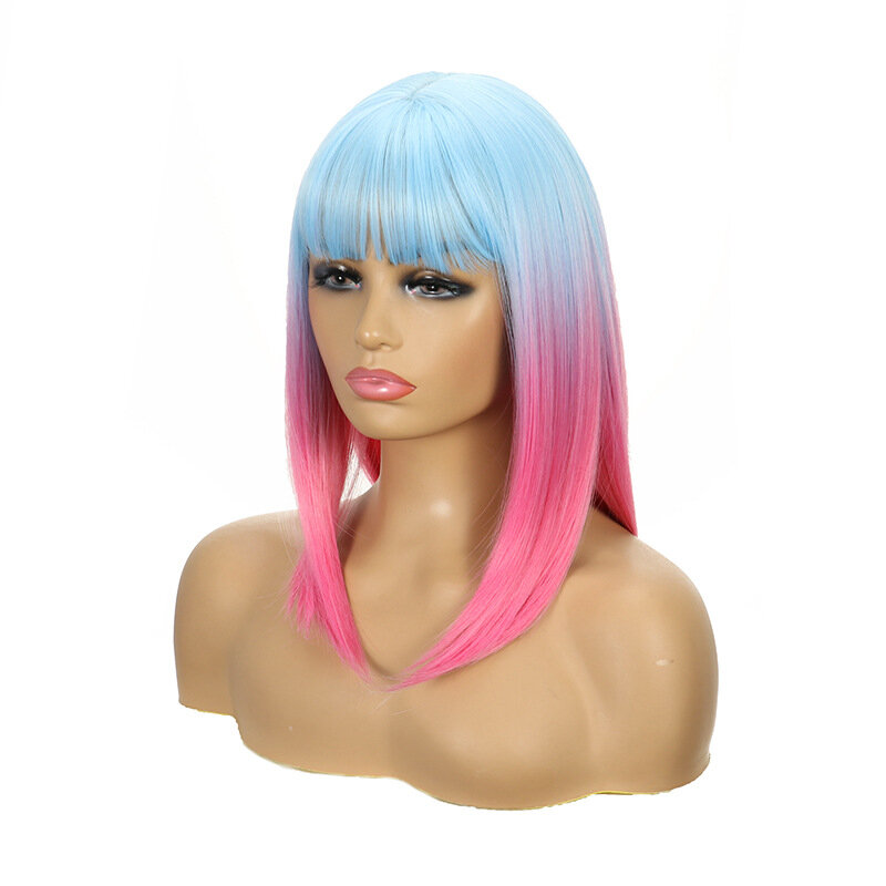 Perruque dégradée avec frange pour femme, perruque Bob dégradée bleue et rose, perruque de fête cosplay