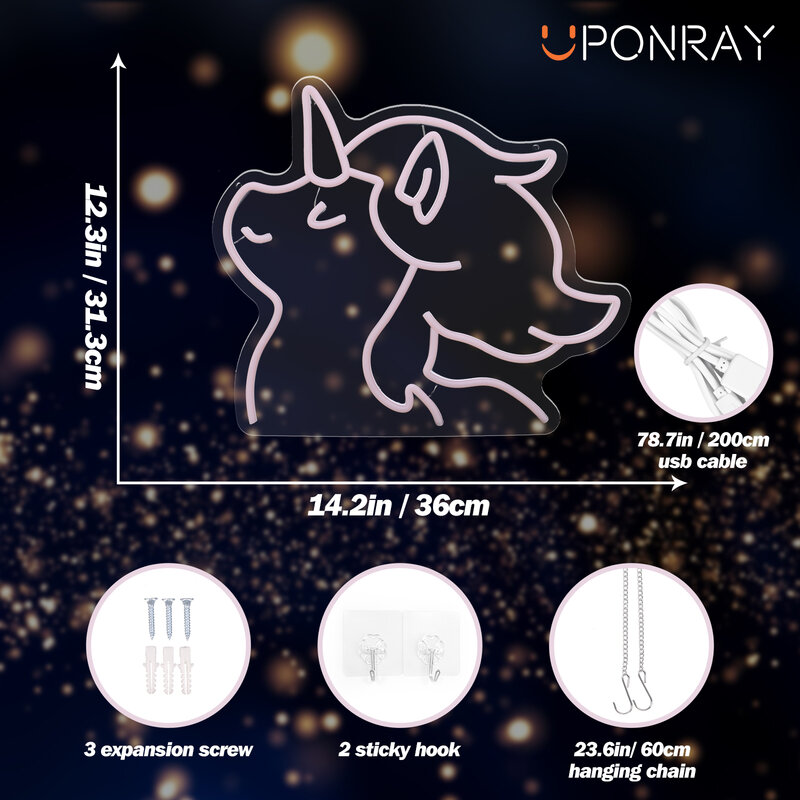 UponRay-Sinal de Néon Unicórnio para Parede, Alimentado por USB, Luz de Néon Anime para o Quarto da Menina, Presente para a Noite