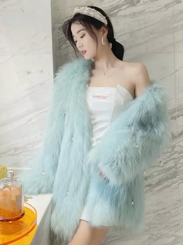 Mode Koreaanse Stijl V-Hals Lange Mouw Faux Fox Bont Damesjas 2023 Winter Elegante Veren Kwastje Faux Lederen Bontjas