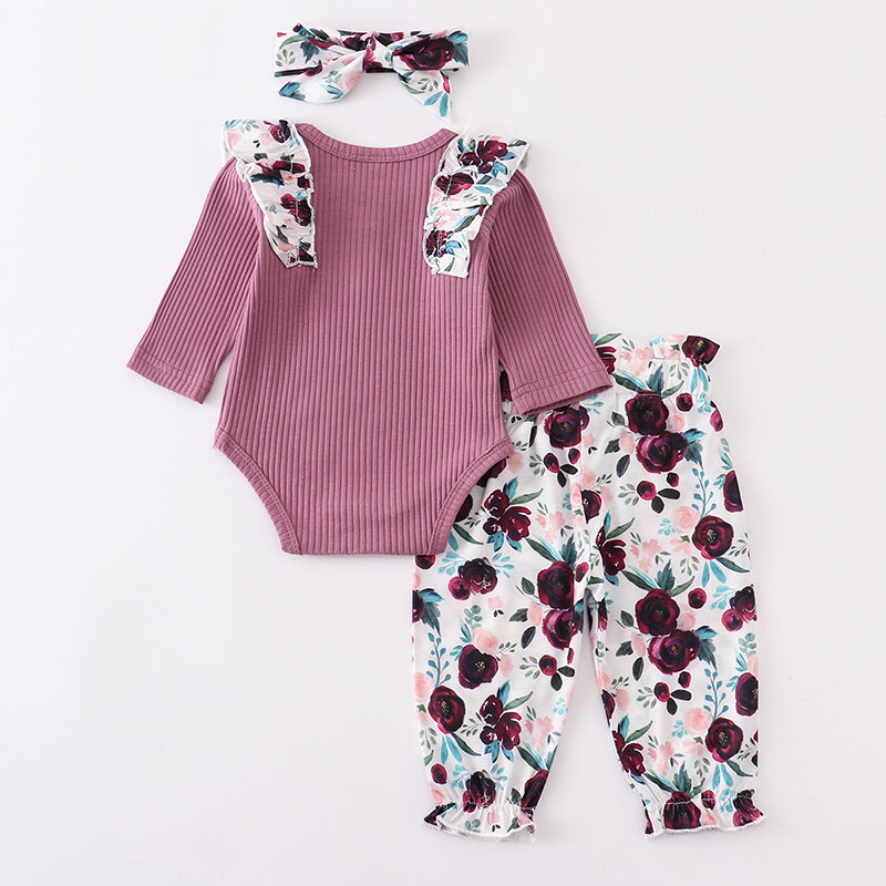 Cotton Newborn Baby Girls Clothes Sets 3pcs Knitted Ruffle Purple Romper Tops and Print Pants with Headband Cute Toddler Clothes