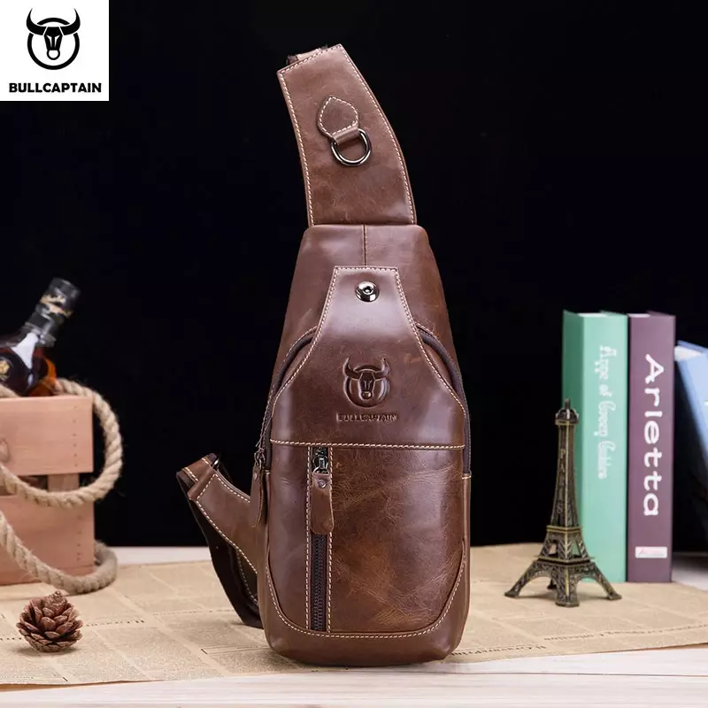 BULLCAPTAIN  Leather Messenger Bags Men's Casual Bag For Men Chest Bag Brand Designer Multi-Function Headphone Jack Chest Pack