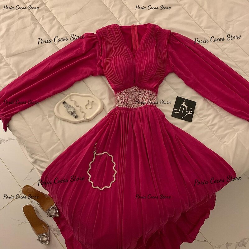 Vestidos de baile com gola V manga comprida, plissado A, estilo do Oriente Médio, vestido de festa vintage, 2023