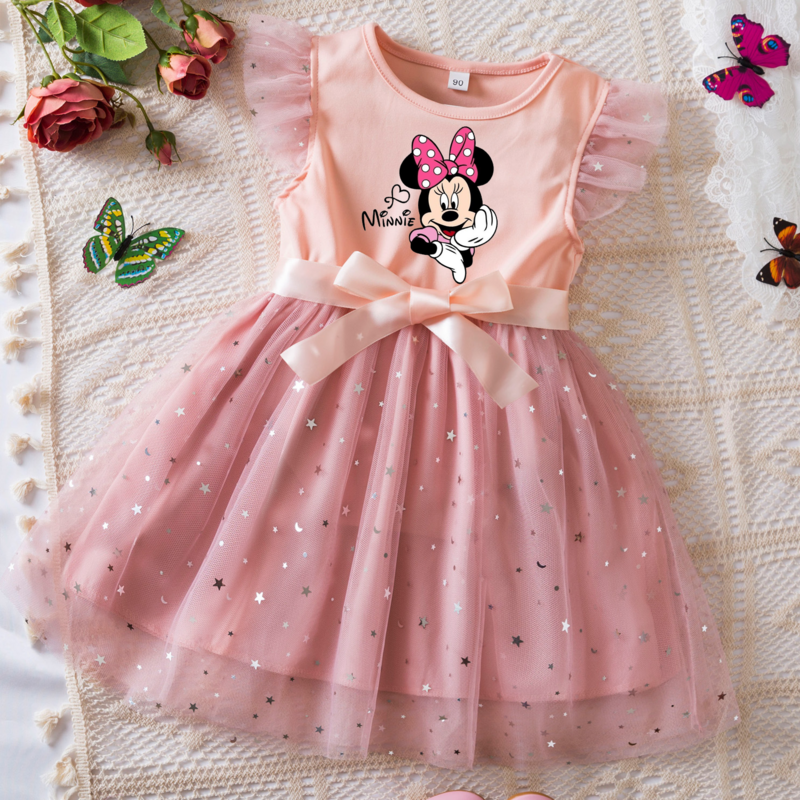 Mickey Minnie Mouse baju putri musim panas, baju putri Tutu ulang tahun anak 2-6 tahun, baju payet pita lengan terbang untuk anak perempuan