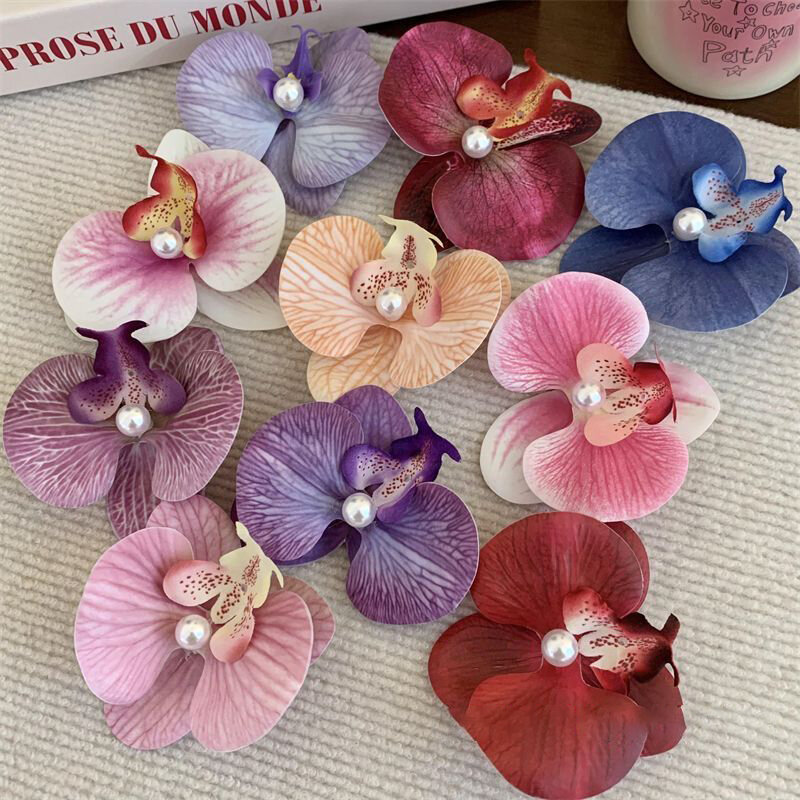 Pinzas para el pelo de perlas de orquídeas de mariposa 3D, Clip para el cabello de perlas florales de tela Bohemia, Clip de pico de pato, Clip lateral de flequillo
