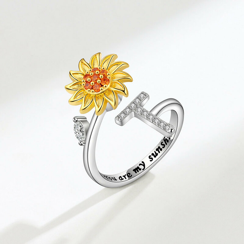 KOFSAC ปรับขนาดดอกทานตะวันหมุนได้แหวนผู้หญิงบุคลิกภาพ Zircon 26ตัวอักษรแหวนเงิน925 2สีแหวน