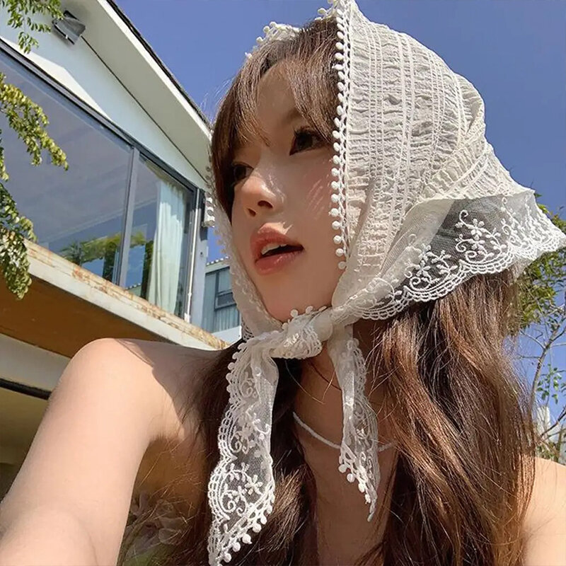 Женский кружевной шарф для волос в стиле ретро, прозрачный головной убор с цветочным принтом, треугольная повязка для волос, новые аксессуары для путешествий, фото