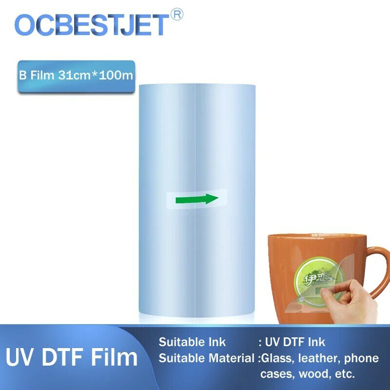 Película B UV DTF de 31CM x 100M para impresora plana A3, A4, película AB, máquina de laminación, pegatina de transferencia para bricolaje
