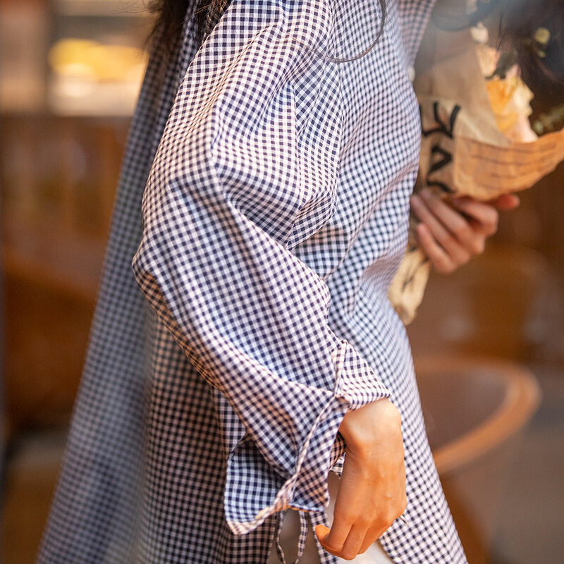 Maden-camisas informales a cuadros azules y blancas para mujer, camisa holgada clásica de manga larga con solapa, chaqueta, blusas femeninas, Tops