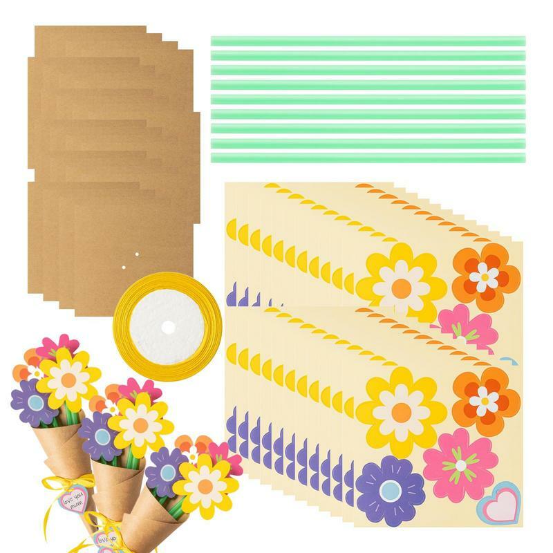 Kit de ramo de boda DIY, Kit de arreglo de flores con cinta y 100 pajitas, ayudante de tarjeta de papel para el día de la madre para el Día de los maestros