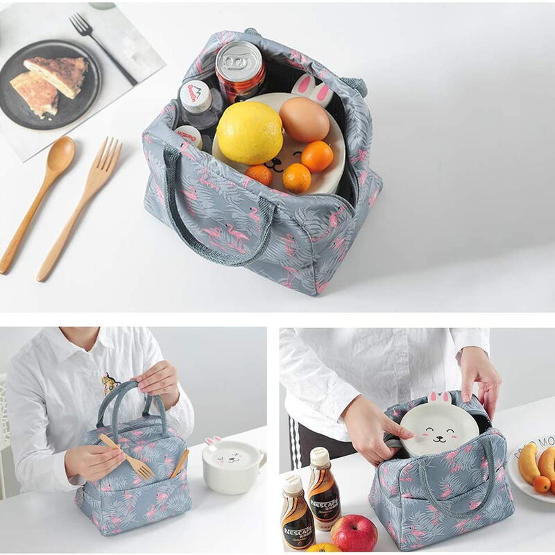 Thermal Lunch Dinner Bags Canvas Black Print Handbag Picnic Travel Breakfast Box School Child Convenient Lunch Bag Tote Food Bag