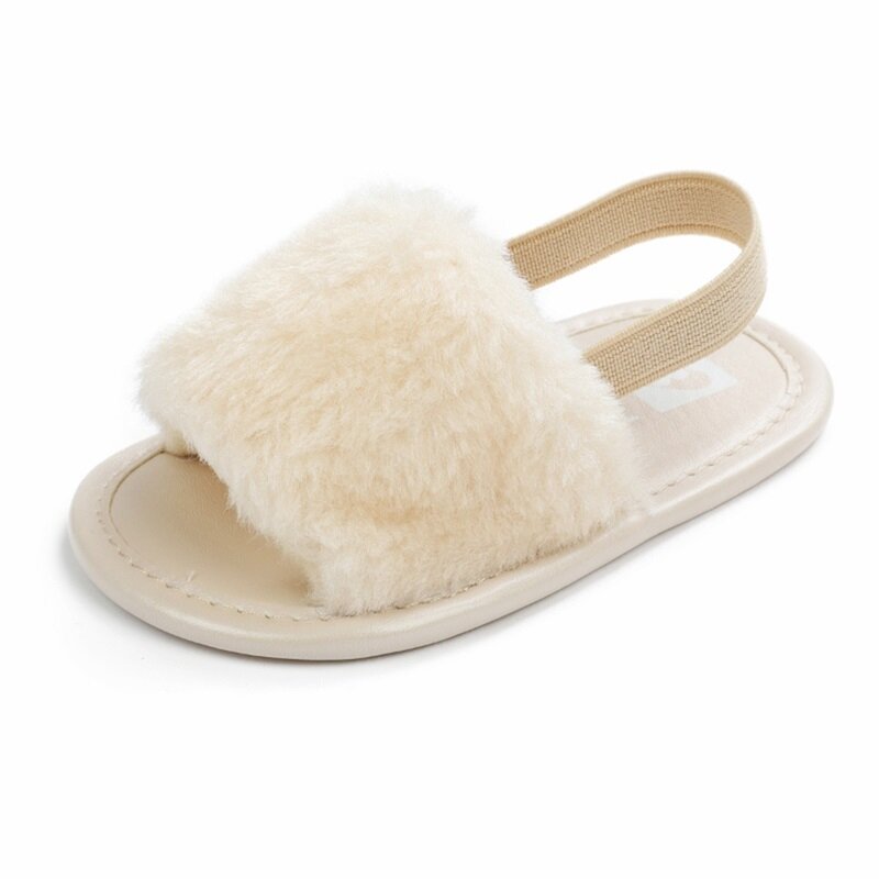 VISgogo Baby Girls Plush Slippers Fall Winter Open Toe Fur Princess Flats Walking Shoes for Toddler Newborn Infant