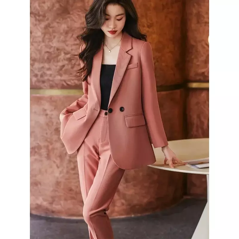 Женский брючный костюм из 2 предметов, свободный пиджак и брюки кофейного/розового/черного цвета для офиса и работы