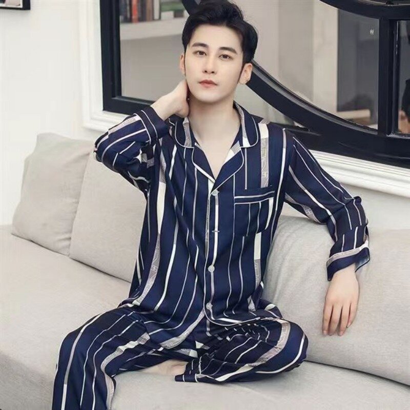 Conjunto pijama de seda gelo masculino, calças de manga comprida, roupa de lazer solta para adolescentes tamanho grande, nova primavera, outono, 2022