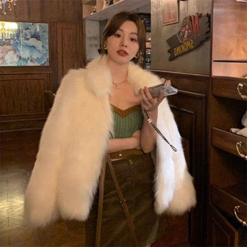 Mantel bulu rubah wanita, kardigan pendek longgar warna polos, mantel kerah berdiri pemuda musim dingin 2023