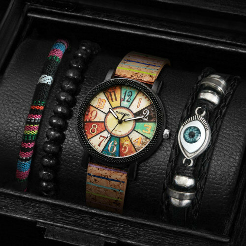 Kegllect 4 szt. Męski styl Retro zegarek PU skórzany pasek zegarki aluminiowe zestaw bransoletek bez pudełka