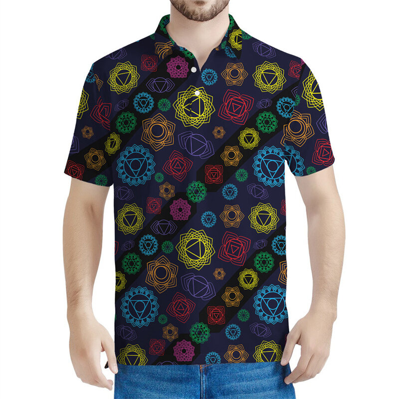 Colorful Chakras Anahata 3D Printed Polo Shirt Summer Loose Floral T Shirts For Men Clothes Streetwear Short Sleeve Tees Tops