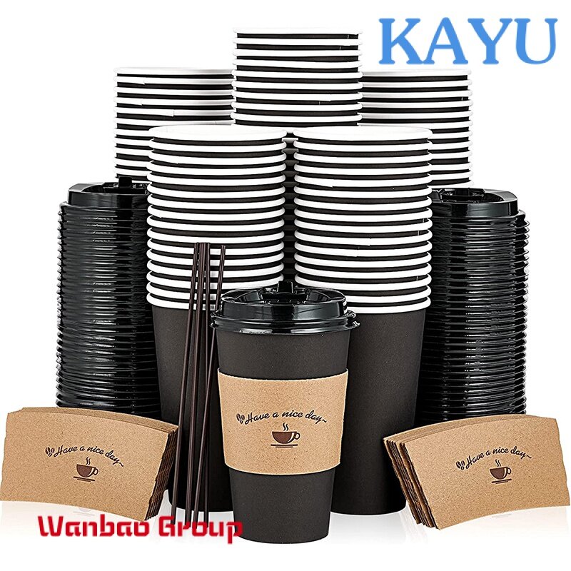 Custom  4oz 8oz 12oz 16oz Disposable Double Wall Gold Foil Stamping Custom Logo All Black Hot Coffee Paper Cup With PS Lid