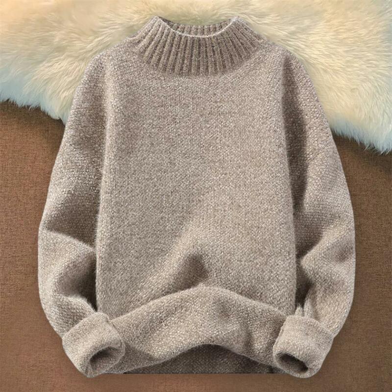 Sweter setengah Turtleneck pria, Sweater setengah Turtleneck beludru, koleksi pakaian rajut musim dingin pria, Sweater warna Solid setengah untuk Kasual