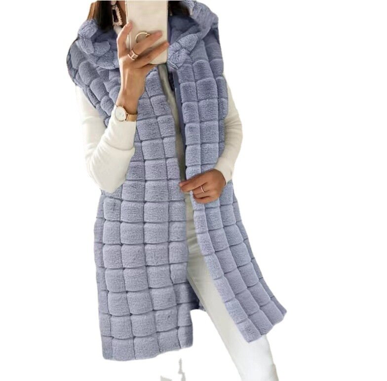 Chaleco de piel sintética de conejo para mujer, chaleco largo con capucha, cálido, informal, a la moda, otoño e invierno, 2023