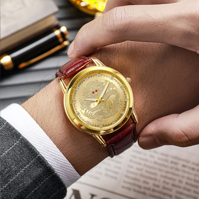 Klasyczne zegarki złoty kolor smok tarcza do zegarka moda Qiartz analogowe zegarki dla człowieka prosty zegarek klasyczny złoty zegarek