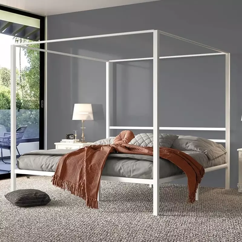 Meble do sypialni metalowa cztero-słupkowa rama łóżko z baldachimem 14 Cal platforma, bez sprężyn, biała, łóżko typu King Size