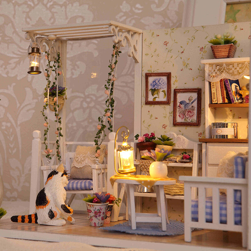 Casa de bonecas móveis diy miniatura 3d miniaturas de madeira brinquedos para crianças presentes aniversário casa gatinho diário h013