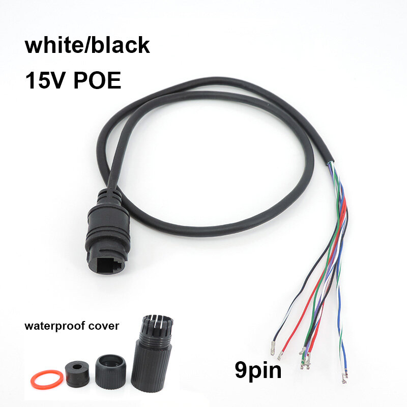 Cabo de rede de ponta única para câmera IP, fio de rede, monitoramento CCTV, branco e preto, 15V, 9 núcleos, RJ45