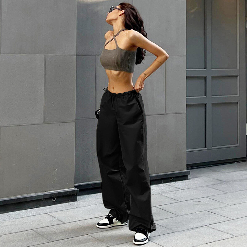 Autumn New Women'S Simple Loose Trousers Drawstring Waist And Feet All-Match With Pockets Casual Overalls Wide Leg Cargo Pants